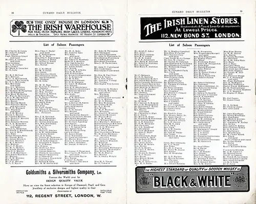 RMS Mauretania Saloon Class Passenger List for 14 June 1911 from New York to Liverpool.