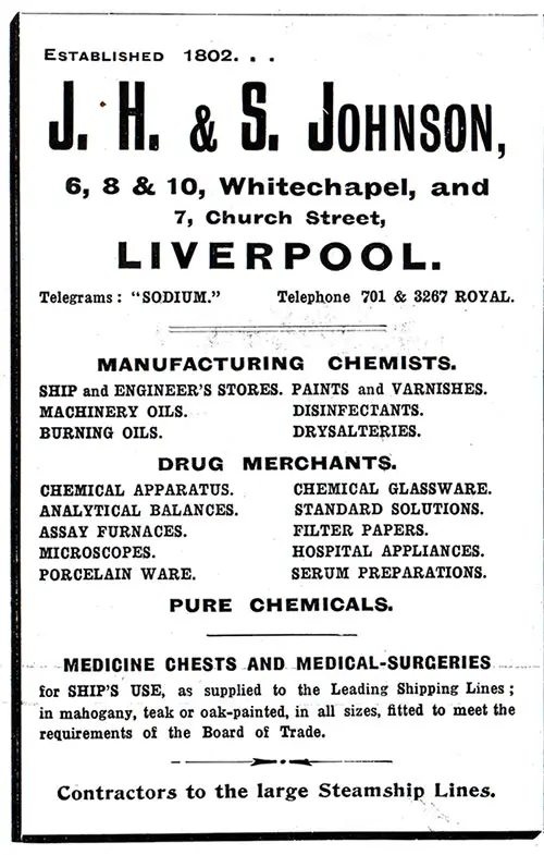 Advertisement: J. H. & S. Johnson, Manufacturing Chemists and Drug Merchants on Church Street, Liverpool.