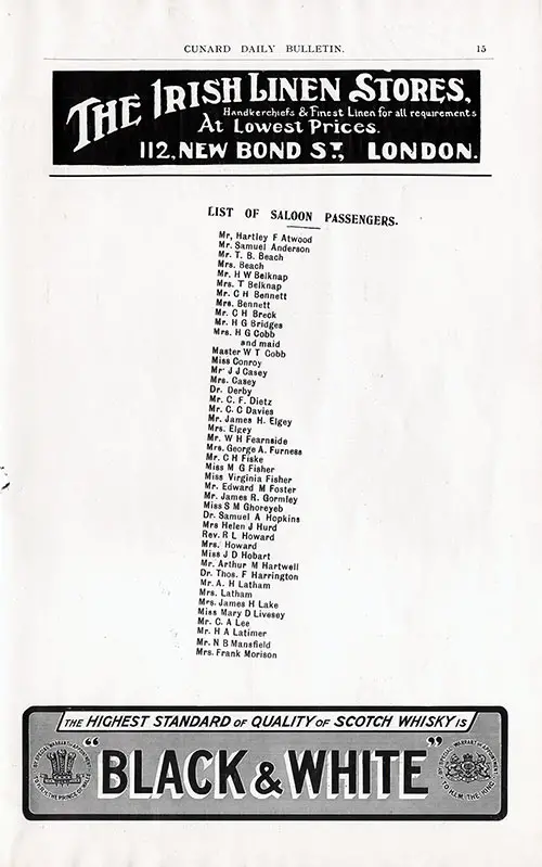 First Page, Cunard Line SS Saxonia Saloon Class Passenger List - 19 July 1910