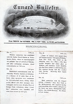 Front Page, SS Slavonia Onboard Publication of the Cunard Daily Bulletin for 23 October 1904.