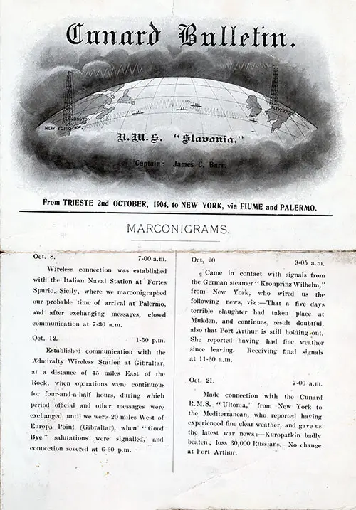 Front Page, SS Slavonia Onboard Publication of the Cunard Daily Bulletin for 23 October 1904.