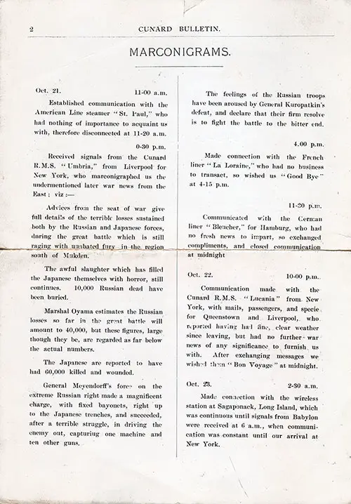 Report of Marconigrams, or Telegrams Sent or Received via the Marconi Wireless on the SS Slavonia from 21-23 October 1904.