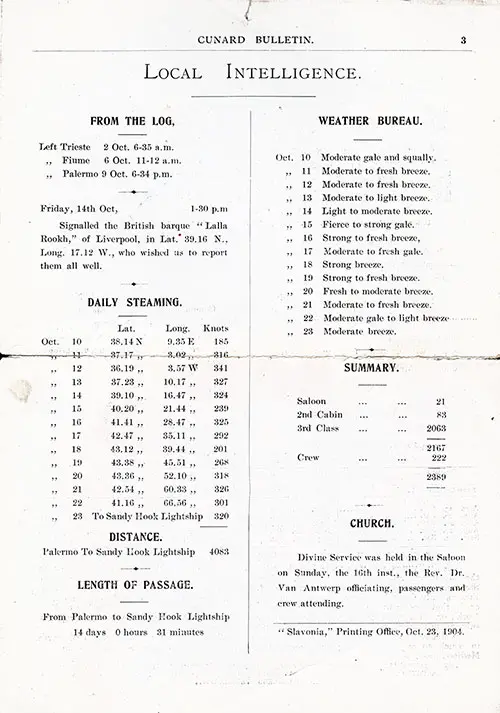 Local Intelligence - Events of the SS Slavonia During Her Voyage from Trieste to New York in October 1904.