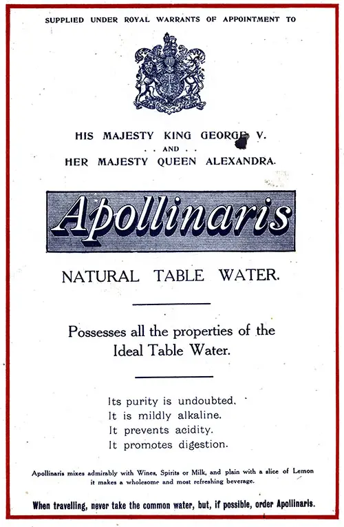 Apollinaris Natural Table Water, 1912 Advertisement, Cunard Daily Bulletin, Summer Number, 1912.