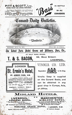 GGA Image ID # 1325726c4f Front Page, RMS Umbria Onboard Publication of the Cunard Daily Bulletin for 24 July 1905.