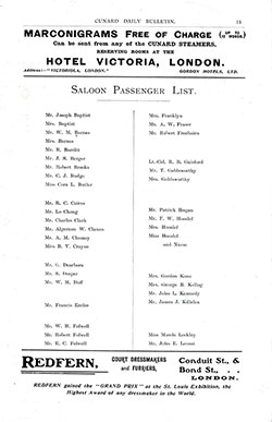 Page 1 of 2, RMS Umbria Saloon Passenger List, 22 July 1905, Liverpool to New York via Queenstown.