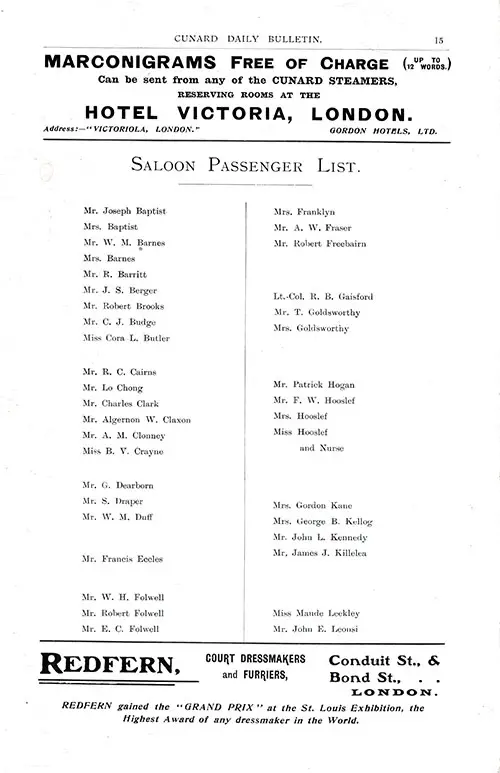 Page 1 of 2, RMS Umbria Saloon Passenger List, 22 July 1905, Liverpool to New York via Queenstown.