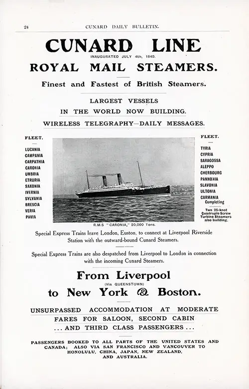 Advertisement - Cunard Line Royal Mail Steamers From Liverpool (via Queenstown) to New York and Boston.
