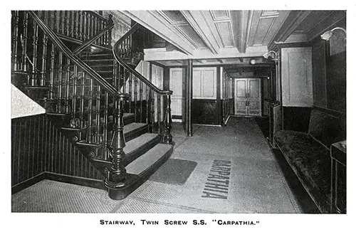 Cabin Class Stairway on the SS Carpathia of the Cunard Line.