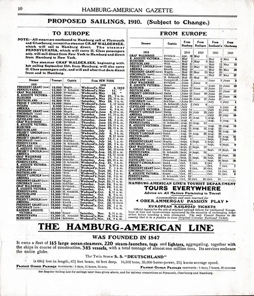 Sailing Schedule, European Ports-New York, from 30 April 1910 to 16 November 1910.