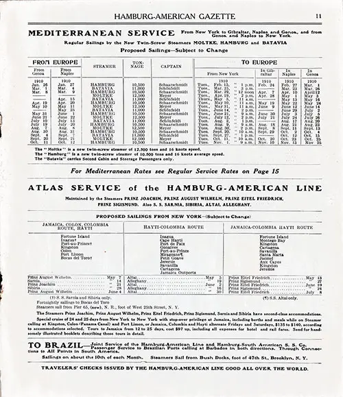 Sailing Schedule, Mediterranean and Atlas Services, from 26 January 1910 to 25 November 1910.