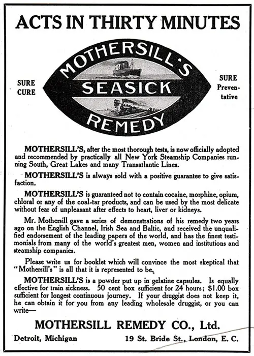 1911 Advertisement: Mothersill's Seasick Remedy Sure Cure | Sure Preventative.