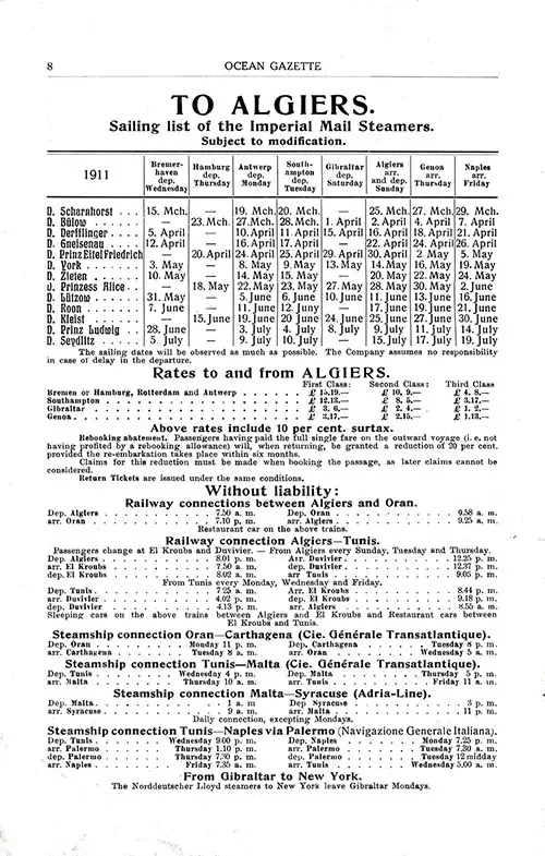 Sailing Schedule, Bremerhaven-Hamburg-Antwerp-Southampton-Gibraltar-Algiers-Genoa-Naples, from 15 March 1911 to 19 July 1911.