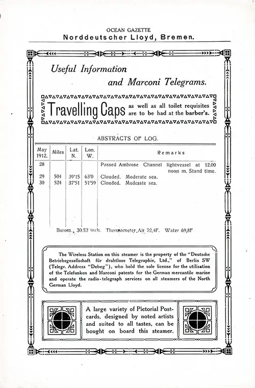 Abstract of Log, Twin-Screw Express Steamer SS Kaiser Wilhelm II, Covering the 28-30 May 1912.