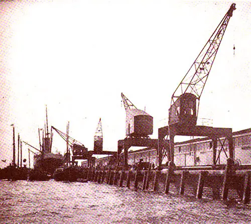Electric Traveling Cranes for Handling Cargo on the Pier of the Rotterdam Lloyd.