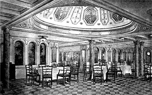 The First Class Dining Hall is Delightful because it is Roomy, Light, and Most Tastefully Decorated.