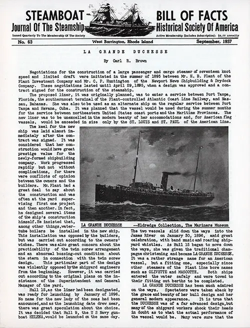 Front Page, Steamboat Bill of Facts, Journal of The Steamship Historical Society of America, No. 63, September 1957.