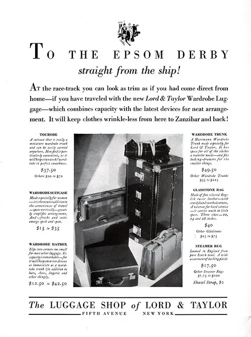 Advertisement from the Lord & Taylor Luggage Shop at Fifth Avenue, New York, The Cunarder Magazine, May 1928.