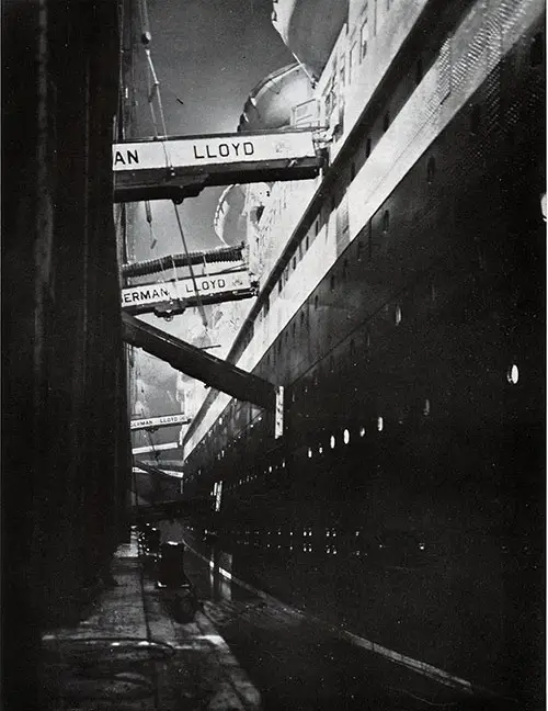The SS Europa Prepares for Midnight Sailing from Bremerhaven circa 1932.