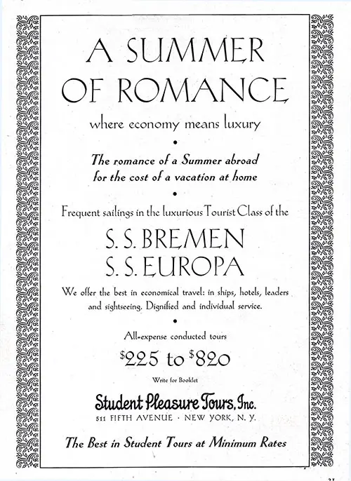 Advertisement for Student Pleasure Tours on the SS Bremen or SS Europa.