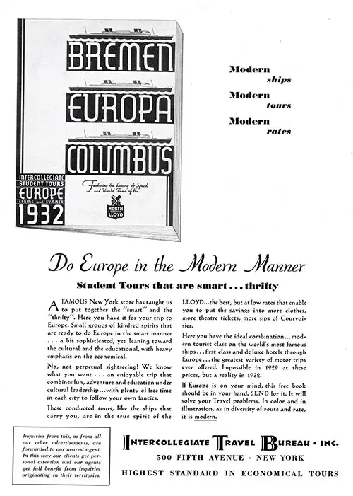 Advertisment for Intercollegiate Travel Bureau "Do Europe in the Modern Manner. Student Tours thatt are smart... thrifty."