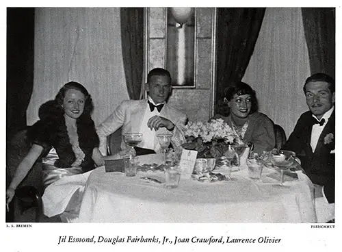 Jil Esmond, Douglas Fairbanks, Jr., Joan Crawford, and Sir Laurence Olivier on the SS Bremen, 1932.