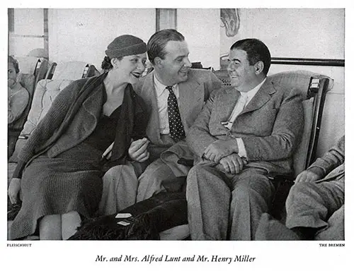 VIP Passengers Mr. and Mrs. Alfred Lunt and Mr. Henry Miller Relax on Their Deck Chairs on the SS Bremen.