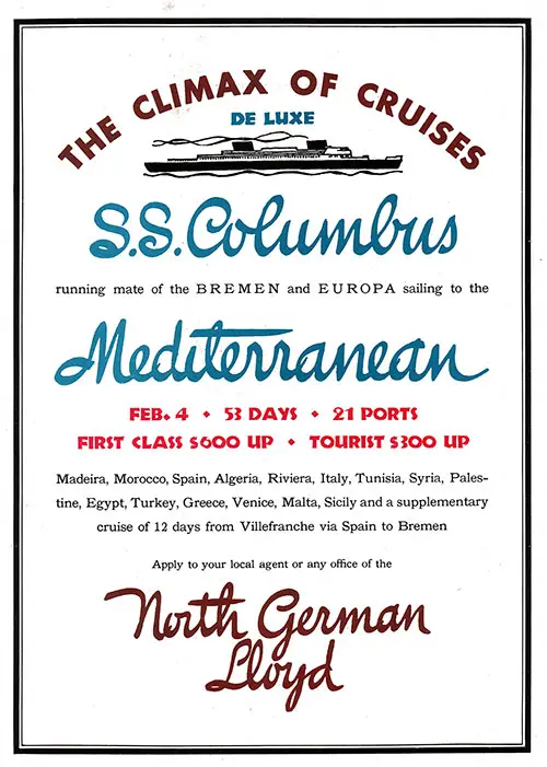 Advertisement from North German Lloyd "Deluxe Mediterranean Cruises on the SS Columbus.