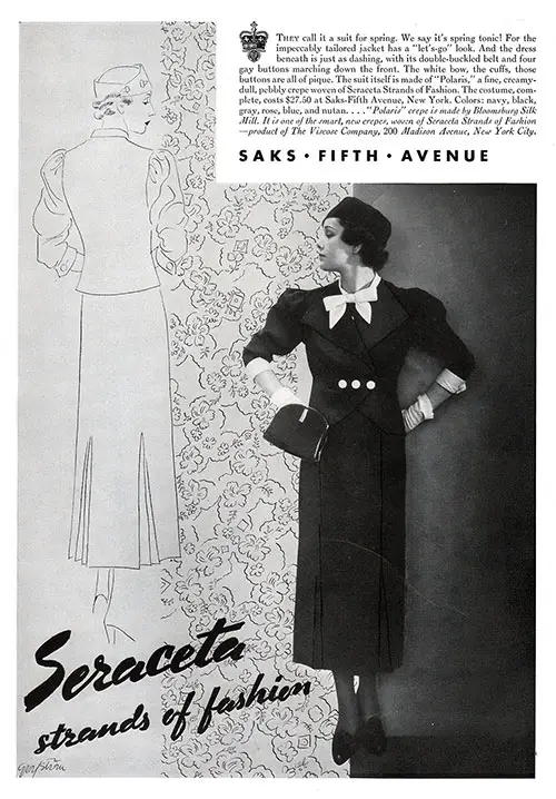 Advertisement for Saks Fifth Avenu - Seraceta stramds of fashion.