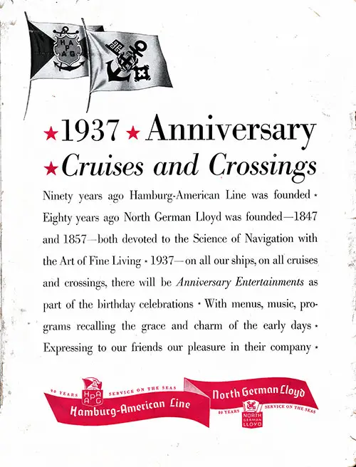 Advertisement from the Hamburg America Line and the North German Lloyd for 1937 Anniversary Cruises and Crossings.