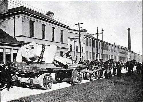 Fig. 142: 15 1/2 Ton Center Anchor Pulled by Horse-Drawn Flatbed Trailer.