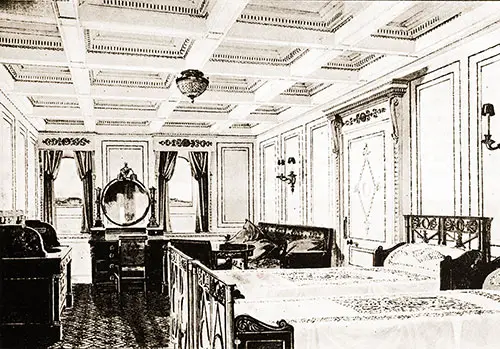 Fig. 97: Bedroom of Parlour Suite, Room B-40 in the Empire Style on the RMS Titanic.