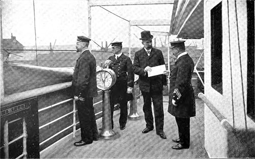 The Emigration Officer Hands the Clearance Papers Over, The Channel Pilot Takes his Position, While the Second Officer Stands By.