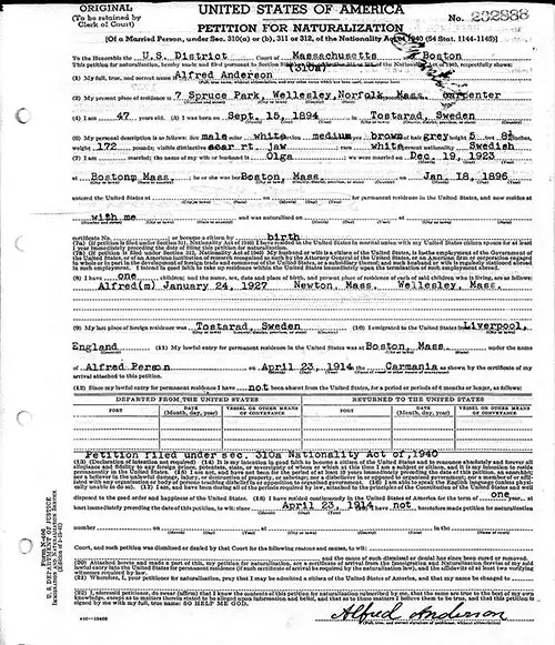 United States of America Petition for Naturalization Under Sec. 310a for Alfred Anderson (Alfred Person).