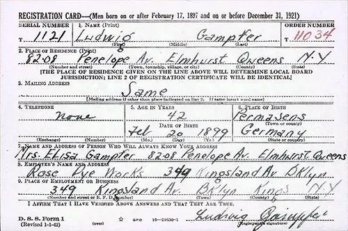 DSS Form 1, World War II Draft Registration Card for Ludwig Gampfer, Order Number 11034, Serial Number T-1121.