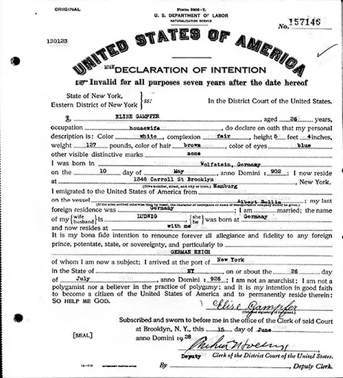 Declaration of Intention No. 157146 for Elise Gamfer dated 26 July 1928.