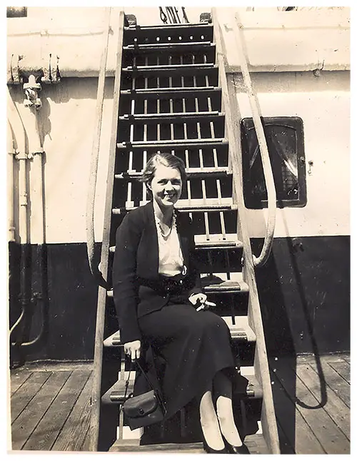 Unidentified Passenger on Stairway on the Boat Deck of the SS President Harding c1938.