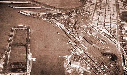 General View of the Cristobal Terminal and Harbor Area, Panama, circa 1934.