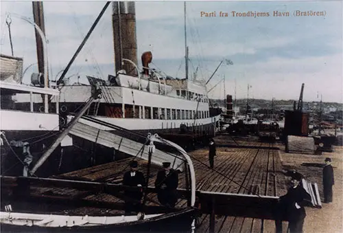 The Wilson Line of Hull Steamship Aaro at the Pier in Trondhjem, Norway Harbor, 1910.