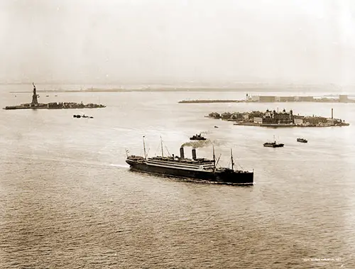 Ship Sailing Away from New York Harbor Showing Statue of Liberty