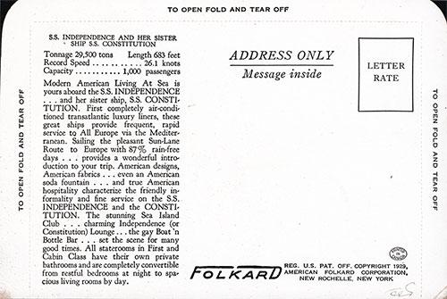 Back Side of a Color Postcard of the Sister Ships SS Independence and the SS Constitution of the American Export Line.