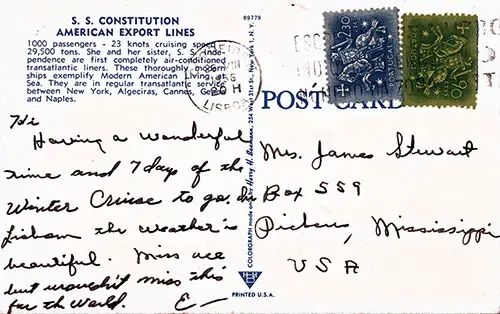Back Side of a Postcard of the SS Constitution of the American Export Lines, Postally Used 26 August 1958.