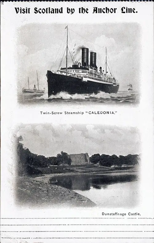 Postcard: Anchor Line Steamship Caledonia and Dunstaffnage Castle, 1910