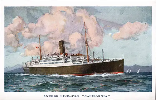 Colorized Postcard of the TSS "California" of the Anchor Line. The Original Owner, Patricia J. Moll, Inscribed "Our Ship Going Home August 20, 1930,"