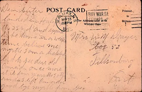 Back Side of Vintage Poscard of the Minnekahda of the Atlantic Transport Line, Postally Used 23 May 1919.