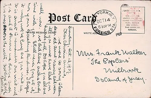 Back Side of Vintage Postcard of the Atlantic Transport Line Steamer SS Minnetonka Passing Shakespeare's Cliff. Postally Used 14 October 1907.
