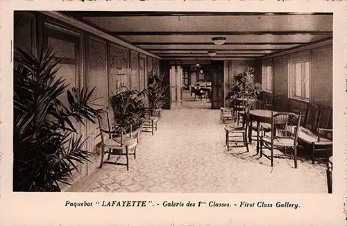 Front Side of Postally Unused Postcard of the First Class Gallery On Board the SS Lafayette of the CGT French Line, nd circa 1920.