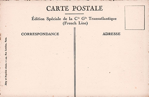 Back Side of Postally Unused Postcard of the First Class Gallery On Board the SS Lafayette of the CGT French Line, nd circa 1920.