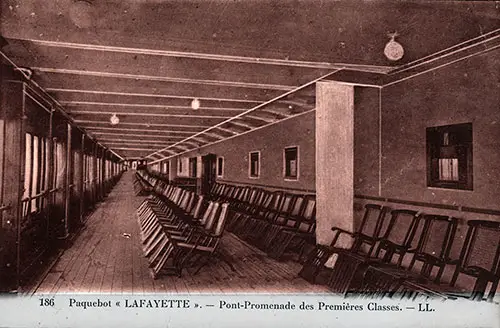 Postcard 186 of the First Class Promenade Deck on the SS Lafayette of the CGT French Line. nd, circa 1920.