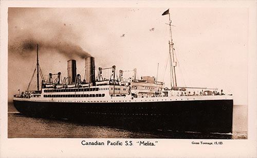 Postcard Features a Black and White Photograph of the Canadian Pacific SS Melita, Gross Tonnage 15,183, Built by Barclay Curle & Company, Glasgow in 1918.